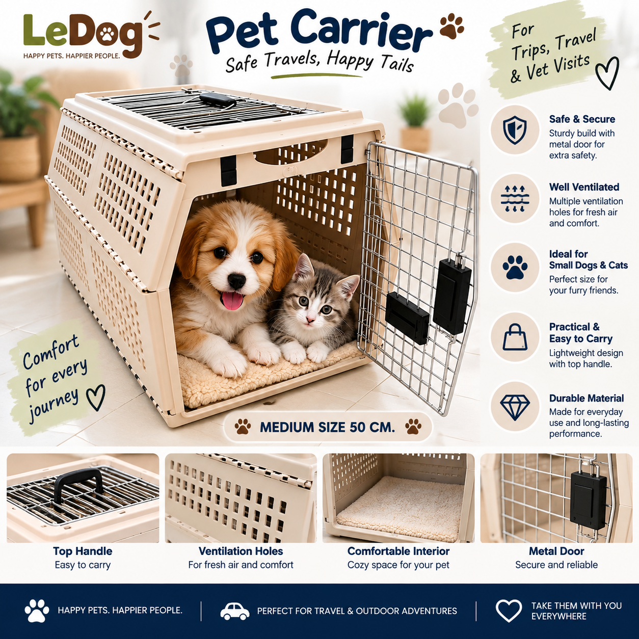 Beige hard-shell pet carrier with metal doors, ventilation openings and top carrying handle for dogs and cats.