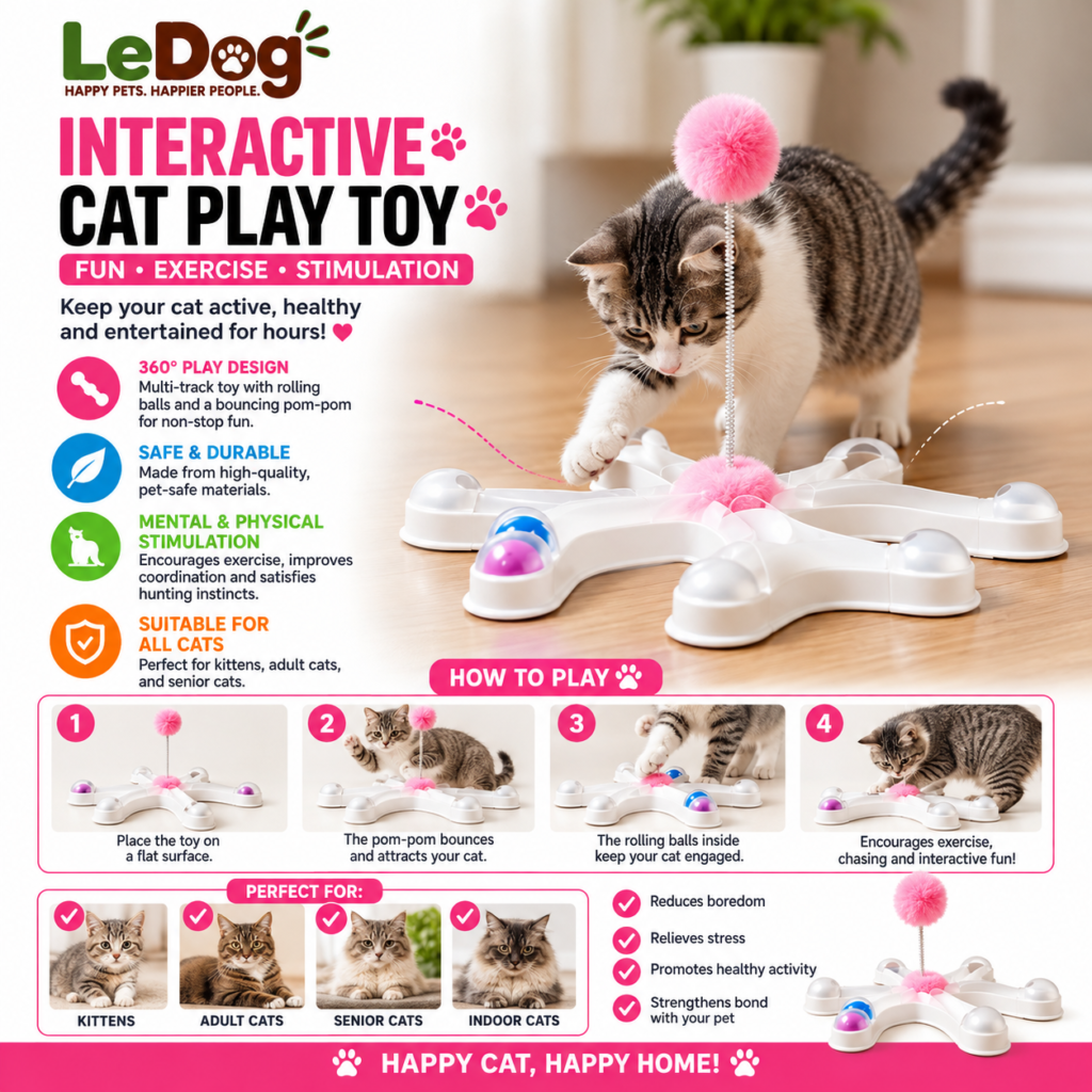 White interactive cat play toy with rolling balls and pink spring-mounted pom-pom.