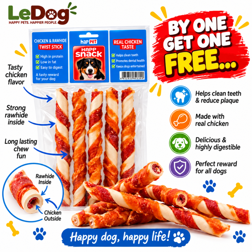 HapPet Happ Snack chicken and rawhide twist stick dog chew treats in multipack.
