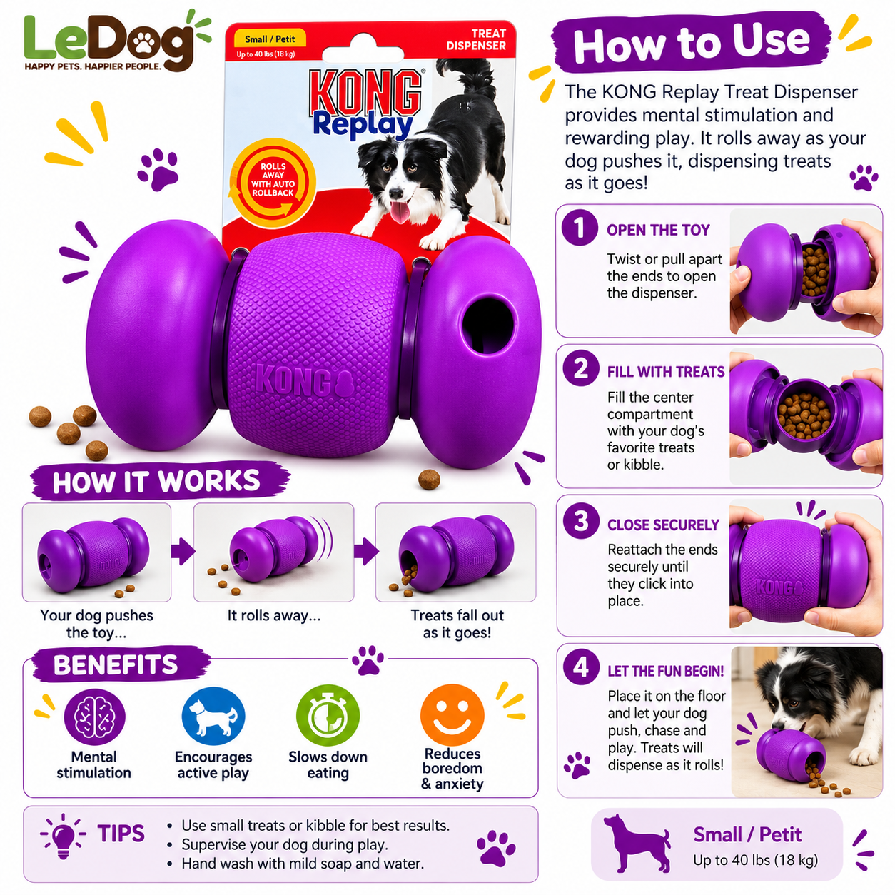 Purple KONG Replay treat dispenser interactive rolling dog toy for small dogs up to 18 kg.