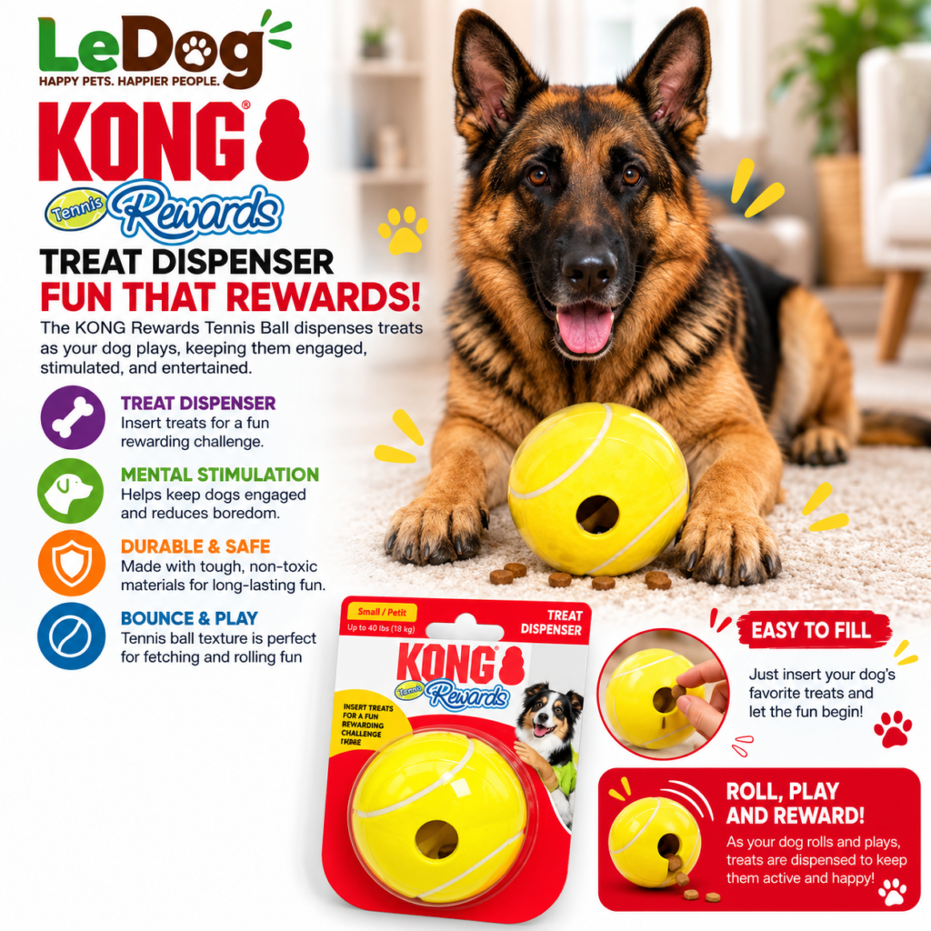 Yellow KONG Rewards Tennis treat dispenser ball for small dogs up to 18 kg.