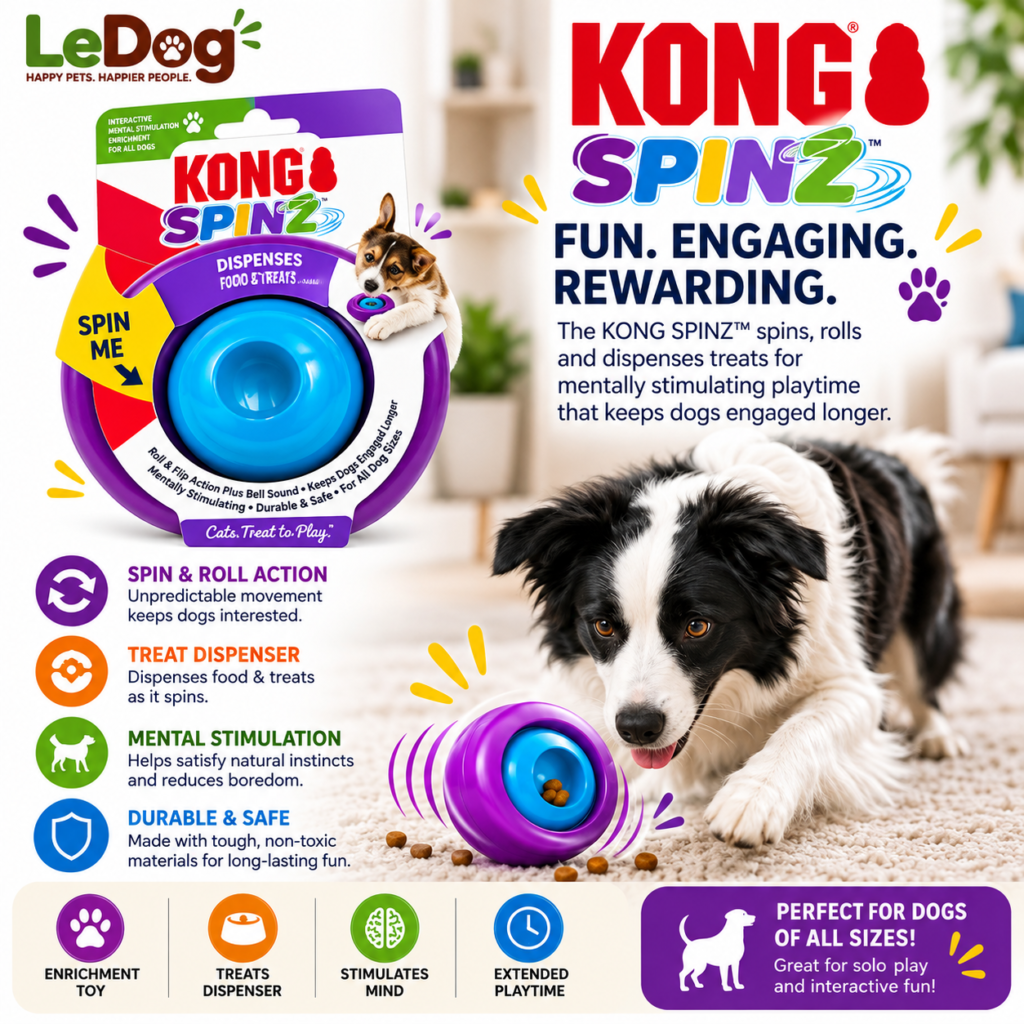 Purple and blue KONG SpinZ interactive spinning and rolling dog toy with treat dispenser.