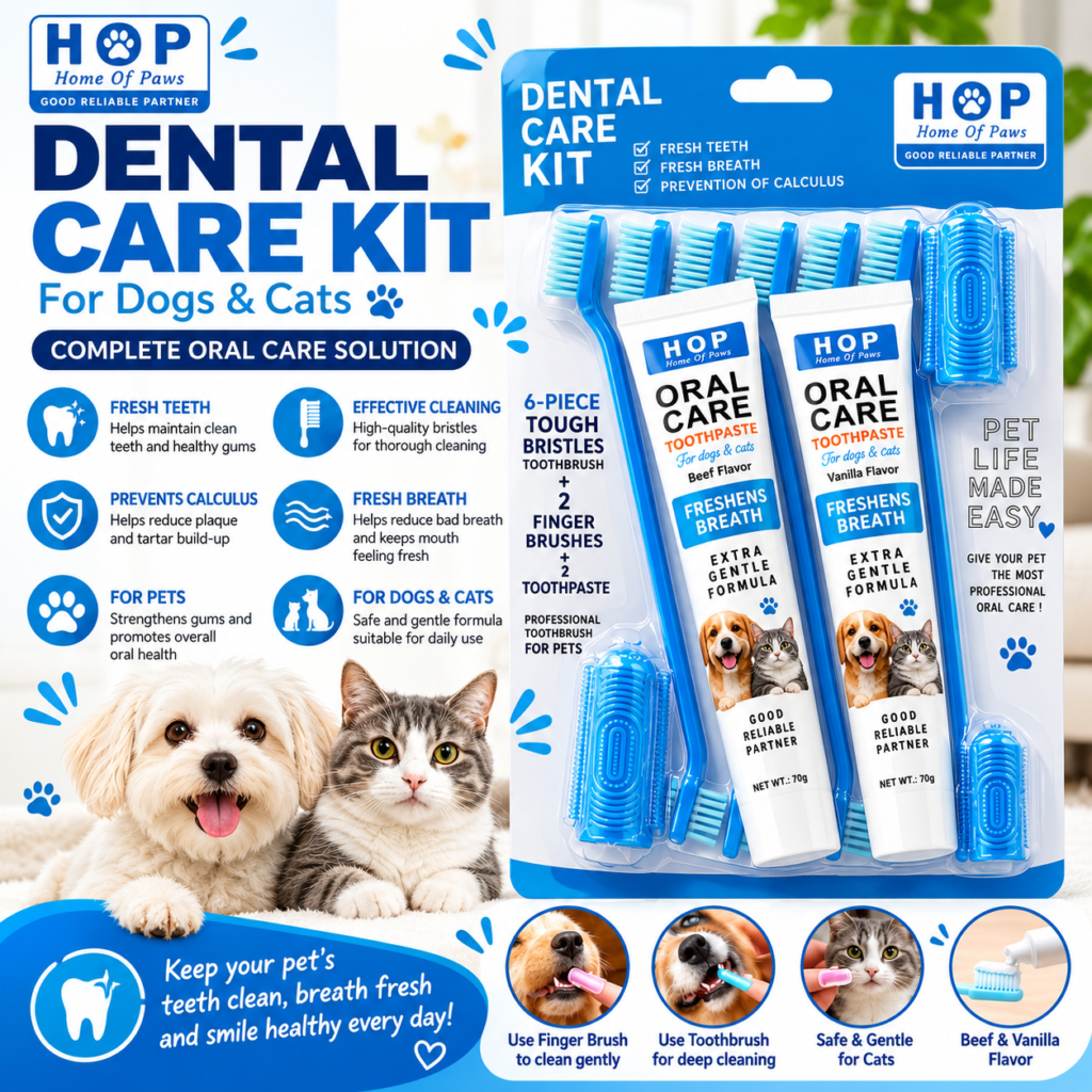 HOP dental care kit for dogs and cats with 6 toothbrushes, 2 finger brushes and 2 pet toothpastes.