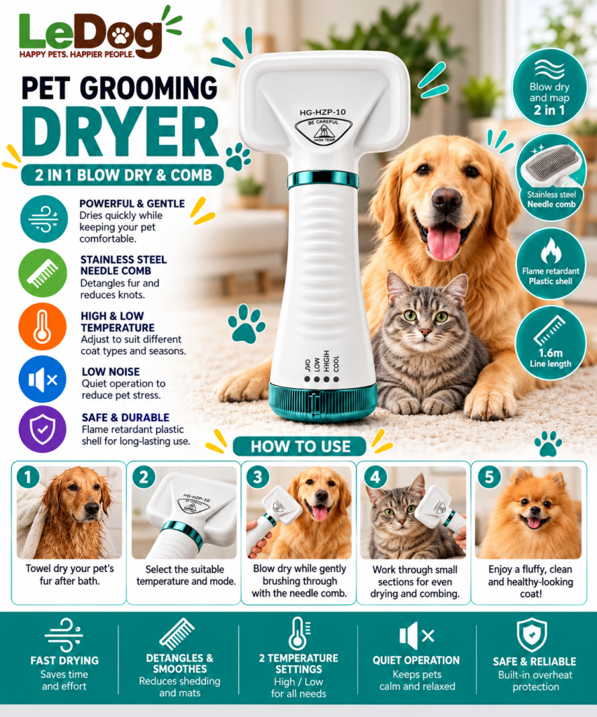 2-in-1 pet grooming dryer and stainless steel comb for dogs and cats with high and low temperature settings.