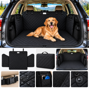 Black quilted pet cargo seat cover installed in SUV trunk with dog This is the ALT text I recommend for the main/primary website product image. It is concise and describes what is actually visible rather than stuffing keywords.
