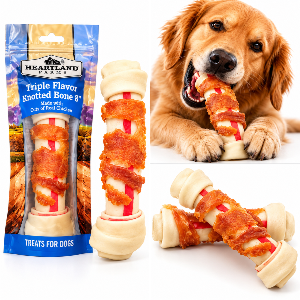 Heartland Farms Triple Flavor Knotted Bone 8″ – Chicken-Wrapped Dog Chew Treat